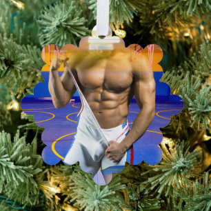 SlipperyJoe's muscular man bulge six-pack gym trai Tree Decoration Card