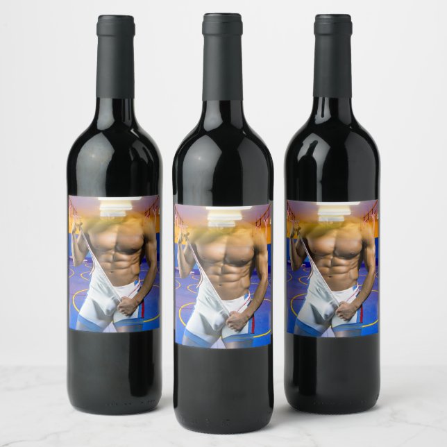 SlipperyJoe's muscular man bulge six-pack gym trai Wine Label (Bottles)
