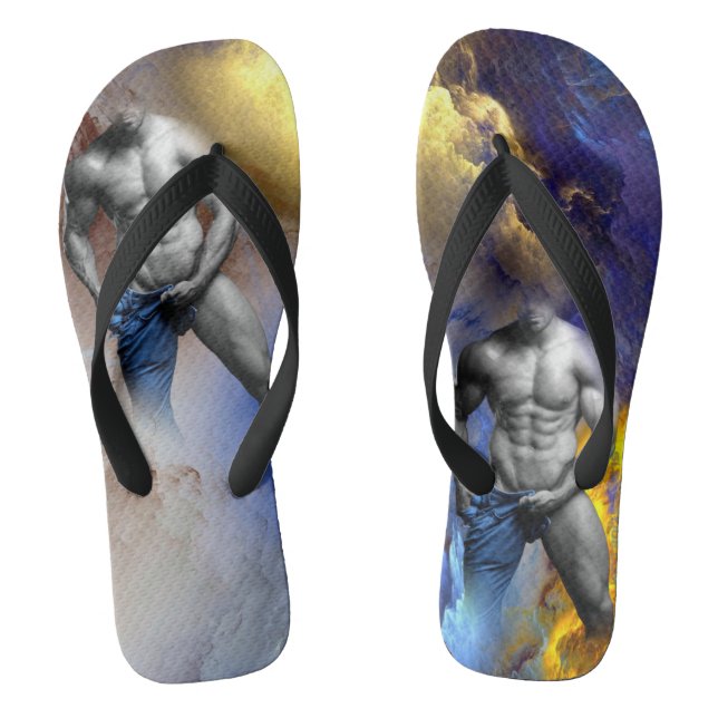 SlipperyJoe's muscular man physique steamy shirtle Flip Flops (Footbed)
