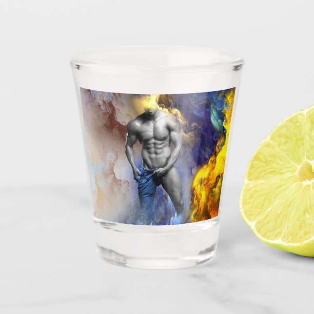SlipperyJoe's muscular man physique steamy shirtle Shot Glass (Front)