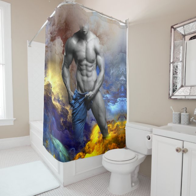 SlipperyJoe's muscular man physique steamy shirtle Shower Curtain (In Situ)