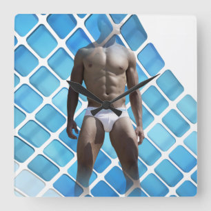 SlipperyJoe's muscular man six-pack abs white unde Square Wall Clock