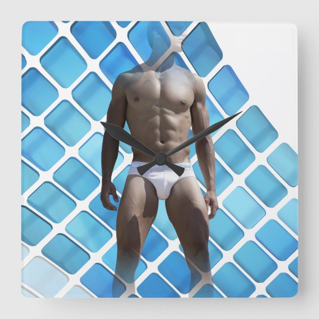 SlipperyJoe's muscular man six-pack abs white unde Square Wall Clock (Front)