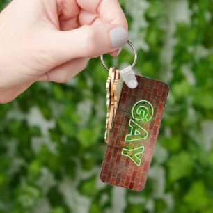 SlipperyJoe's neon Gay Sign green bricks wall word Key Ring