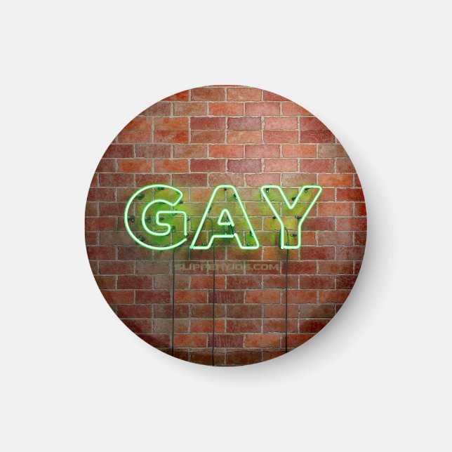 SlipperyJoe's neon Gay Sign green bricks wall word Magnet (Front)