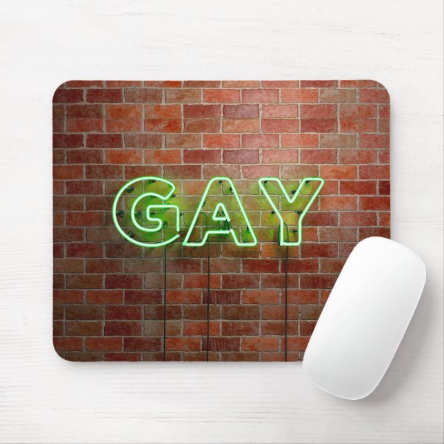 SlipperyJoe's neon Gay Sign green bricks wall word Mouse Mat (With Mouse)