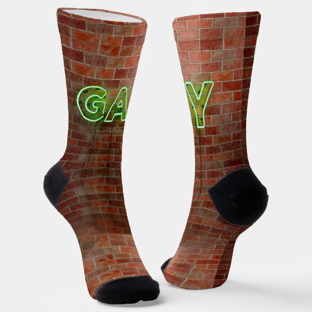 SlipperyJoe's neon Gay Sign green bricks wall word Socks (Angled)