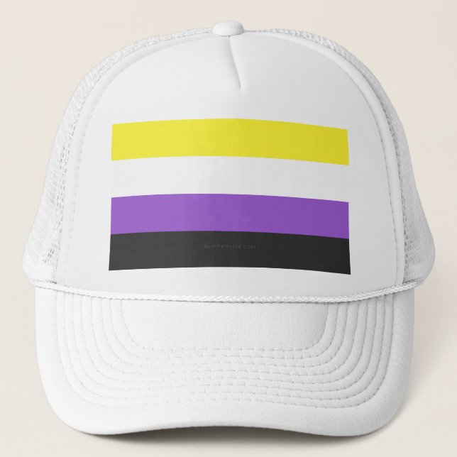 SlipperyJoe's Nonbinary Pride Flag gay gifts LGBTQ Trucker Hat (Front)