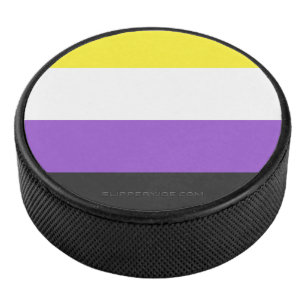 SlipperyJoe's Nonbinary Pride Flag yellow white pu Hockey Puck