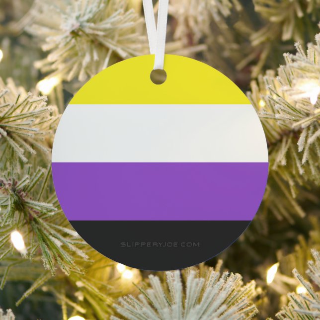 SlipperyJoe's Nonbinary Pride Flag yellow white pu Metal Tree Decoration (Insitu)