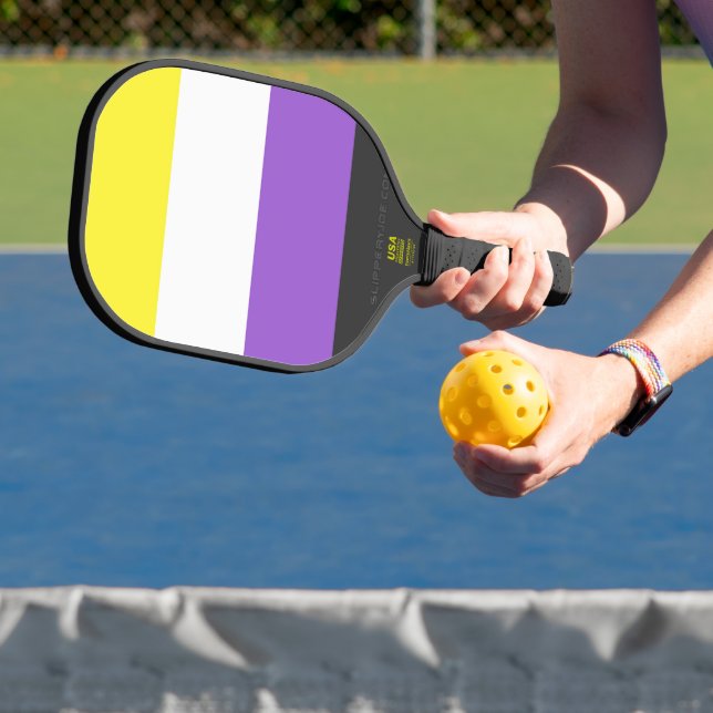 SlipperyJoe's Nonbinary Pride Flag yellow white pu Pickleball Paddle (Insitu)