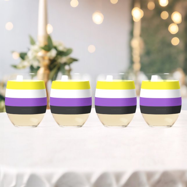SlipperyJoe's Nonbinary Pride Flag yellow white pu Stemless Wine Glass (Insitu (Wedding))