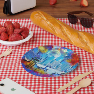 SlipperyJoe's NYC skyscrapers buildings artwork gr Paper Plate