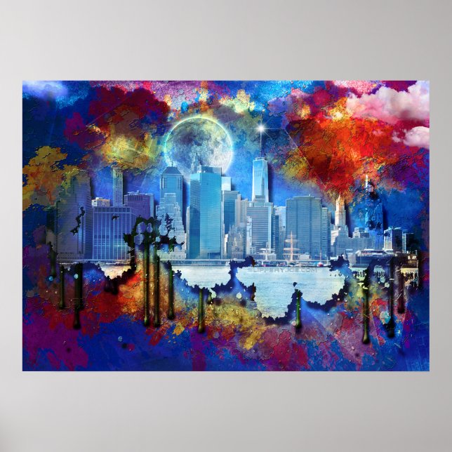 SlipperyJoe's NYC skyscrapers graffiti moon buildi Poster (Front)