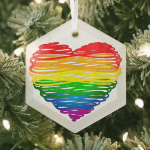 SlipperyJoe's Pride Heart Scribbles heart shape  Glass Tree Decoration
