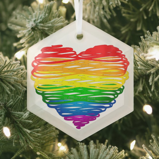 SlipperyJoe's Pride Heart Scribbles heart shape  Glass Tree Decoration (Insitu)