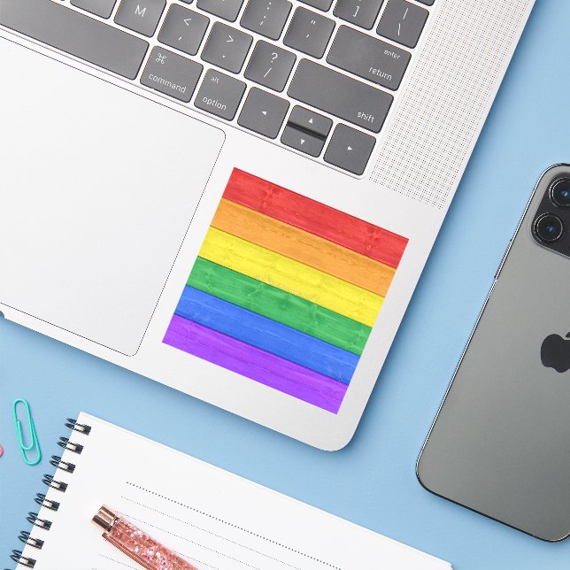 SlipperyJoe's pride wooden flag horizontal rainbow (Laptop w/ iPhone)