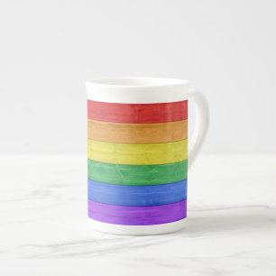 SlipperyJoe's pride wooden flag horizontal rainbow Bone China Mug