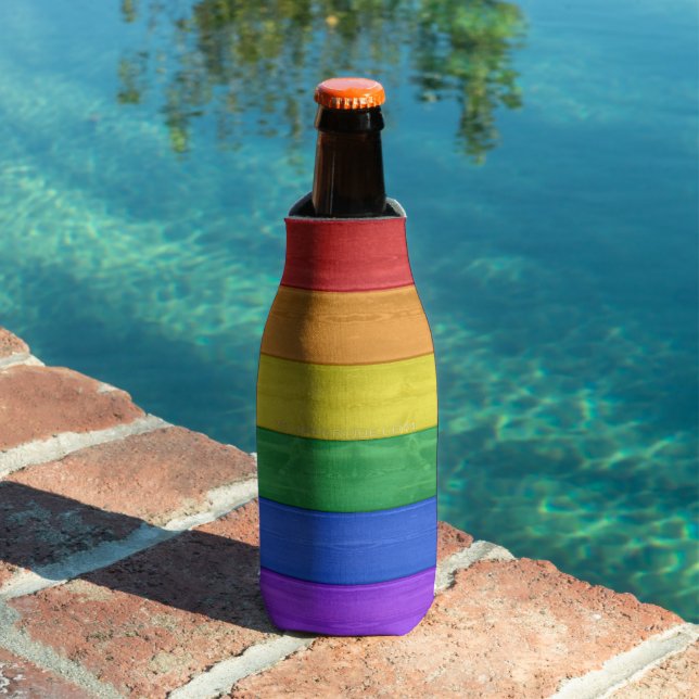 SlipperyJoe's pride wooden flag horizontal rainbow Bottle Cooler (In Situ Pool)