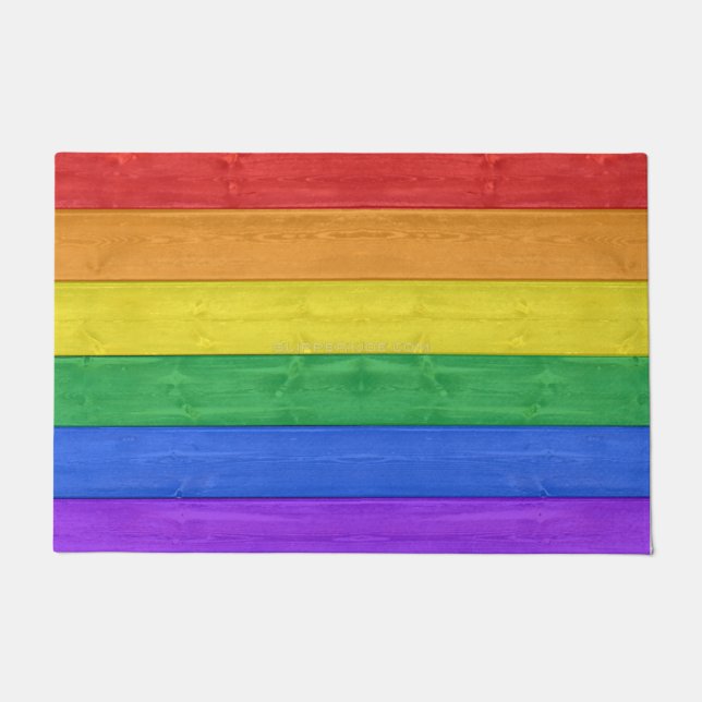 SlipperyJoe's pride wooden flag horizontal rainbow Doormat (Front)