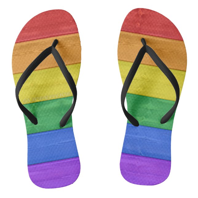 SlipperyJoe's pride wooden flag horizontal rainbow Flip Flops (Footbed)