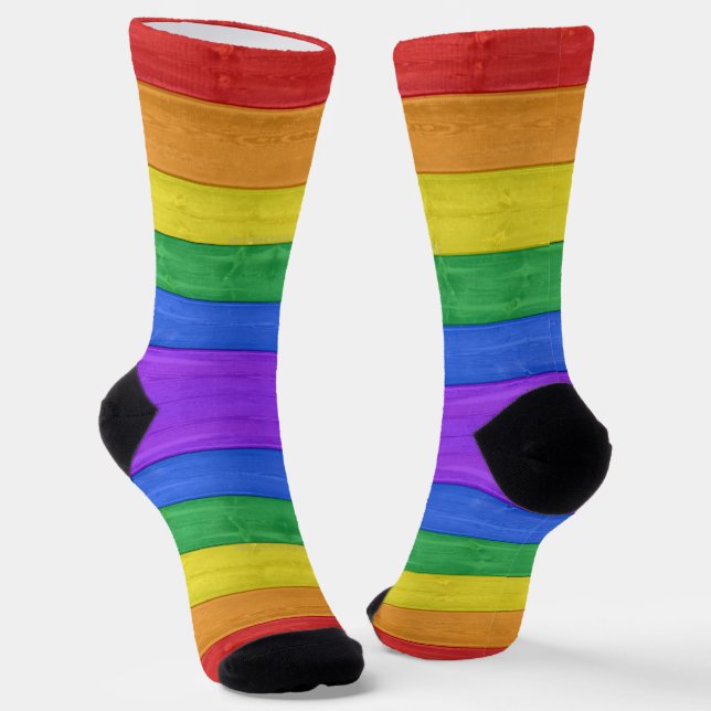 SlipperyJoe's pride wooden flag horizontal rainbow Socks (Angled)