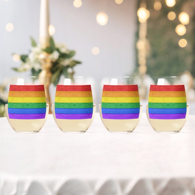 SlipperyJoe's pride wooden flag horizontal rainbow Stemless Wine Glass (Insitu (Wedding))