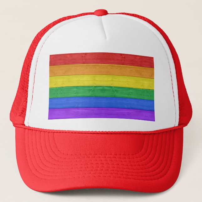 SlipperyJoe's pride wooden flag horizontal rainbow Trucker Hat (Front)