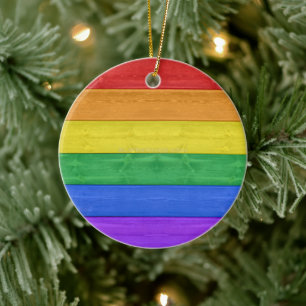 SlipperyJoe's pride wooden flag rainbow colors cel Ceramic Tree Decoration