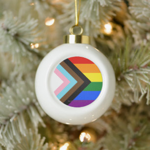 SlipperyJoe's Progress Pride Flag gay gifts LGBTQI Ceramic Ball Christmas Ornament