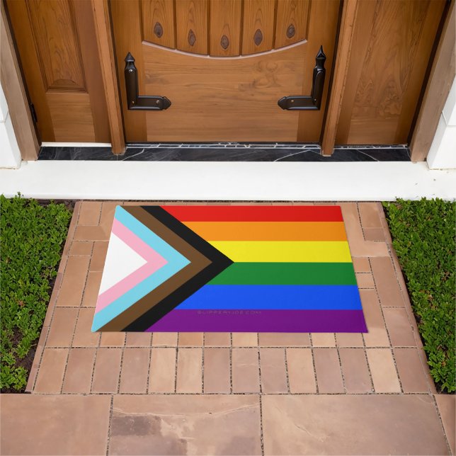 SlipperyJoe's Progress Pride Flag gay gifts LGBTQI Doormat (Outdoor)