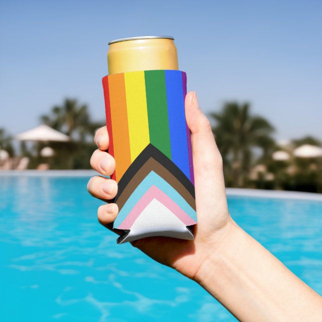 SlipperyJoe's Progress Pride Flag gay gifts LGBTQI Seltzer Can Cooler (In Situ Pool)