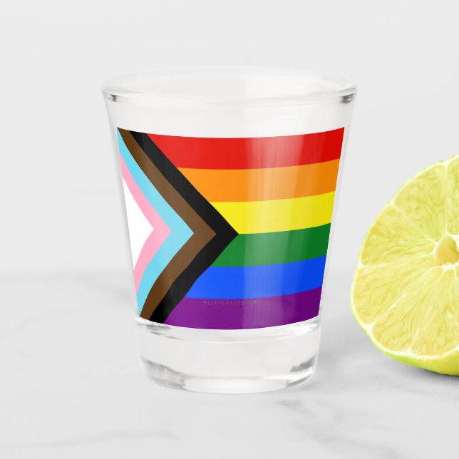 SlipperyJoe's Progress Pride Flag gay gifts LGBTQI Shot Glass (Front)