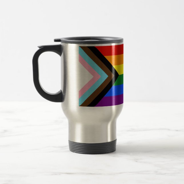 SlipperyJoe's Progress Pride Flag gay gifts LGBTQI Travel Mug (Left)