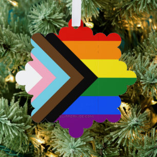 SlipperyJoe's Progress Pride Flag gay gifts LGBTQI Tree Decoration Card