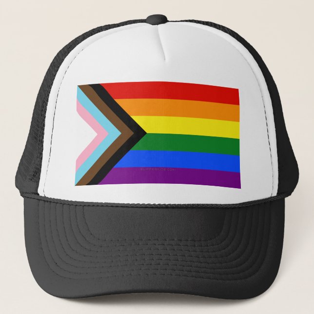 SlipperyJoe's Progress Pride Flag gay gifts LGBTQI Trucker Hat (Front)