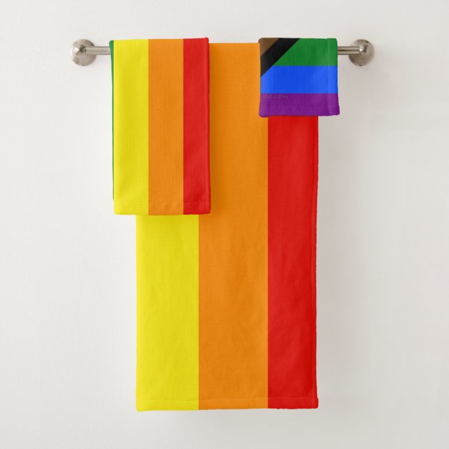 SlipperyJoe's Progress Pride Flag six classic hori Bath Towel Set (Insitu)