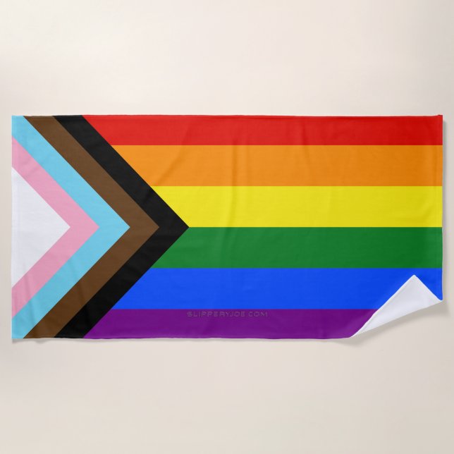 SlipperyJoe's Progress Pride Flag six classic hori Beach Towel (Front)