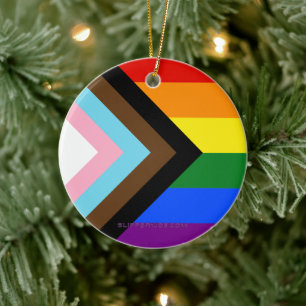 SlipperyJoe's Progress Pride Flag six classic hori Ceramic Tree Decoration