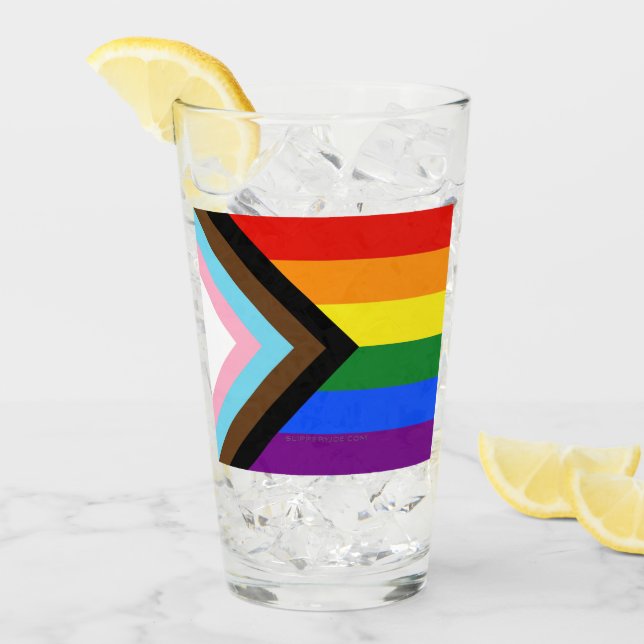 SlipperyJoe's Progress Pride Flag six classic hori Glass (Front Ice)