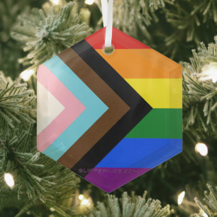SlipperyJoe's Progress Pride Flag six classic hori Glass Tree Decoration