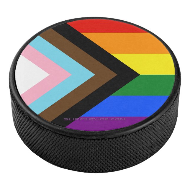 SlipperyJoe's Progress Pride Flag six classic hori Hockey Puck (3/4)