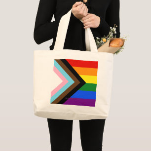 SlipperyJoe's Progress Pride Flag six classic hori Large Tote Bag