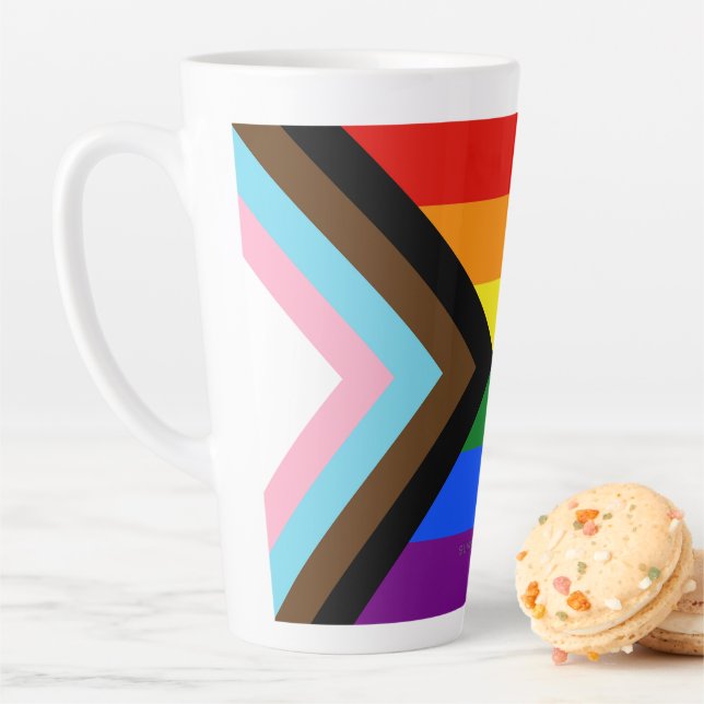 SlipperyJoe's Progress Pride Flag six classic hori Latte Mug (In Situ)