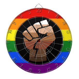 SlipperyJoe's queer people colour flag raised fist Dartboard