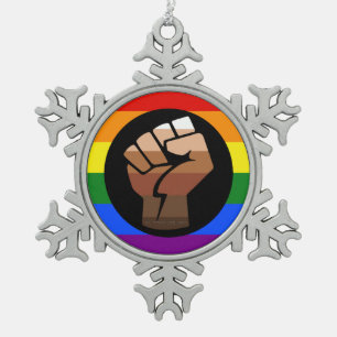 SlipperyJoe's queer people colour flag raised fist Snowflake Pewter Christmas Ornament