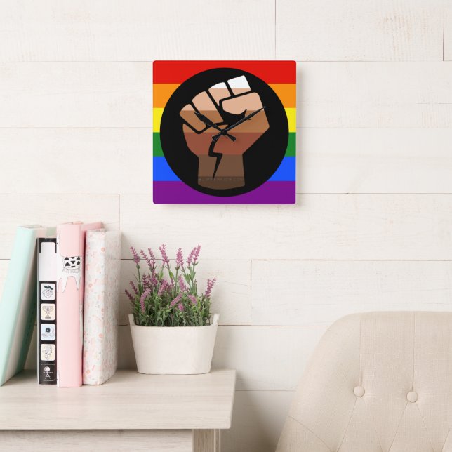 SlipperyJoe's queer people colour flag raised fist Square Wall Clock (Reading Room)