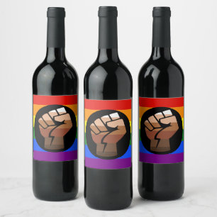 SlipperyJoe's queer people colour flag raised fist Wine Label