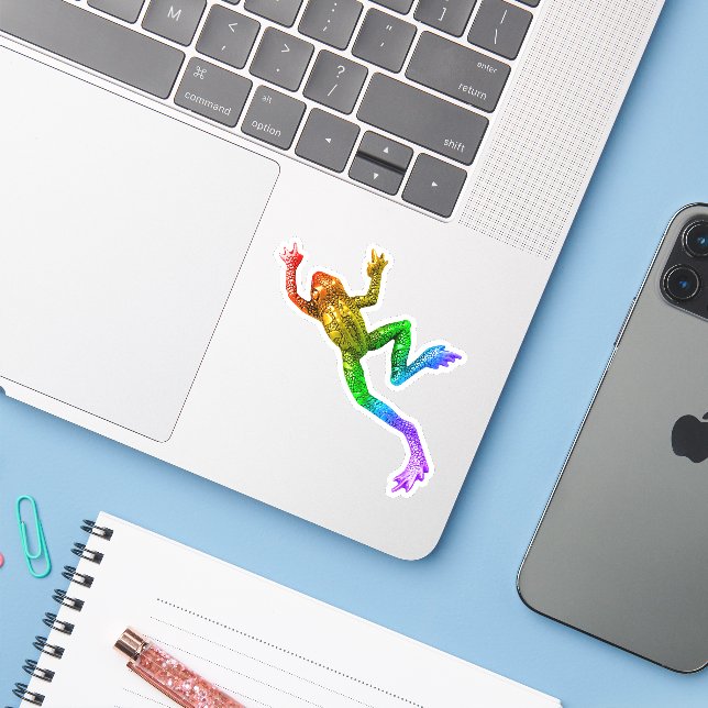 SlipperyJoe's rainbow coloured frog rendered sculp (Laptop w/ iPhone)
