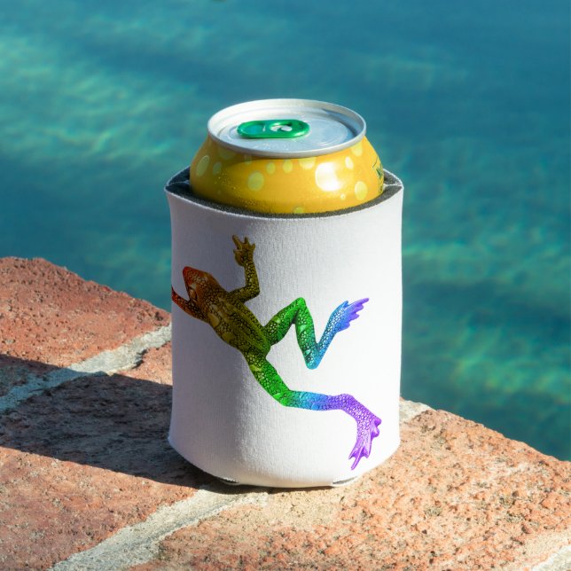 SlipperyJoe's rainbow coloured frog rendered sculp Can Cooler (In Situ Pool)